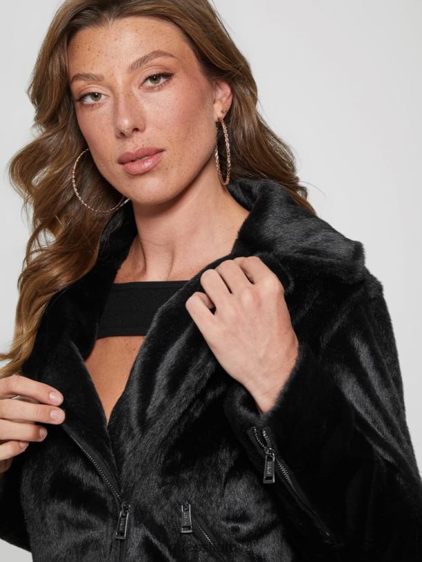 moterys GUESS 6NLN1925 drabužiai juodas Lavinia dirbtinio kailio moto striukė