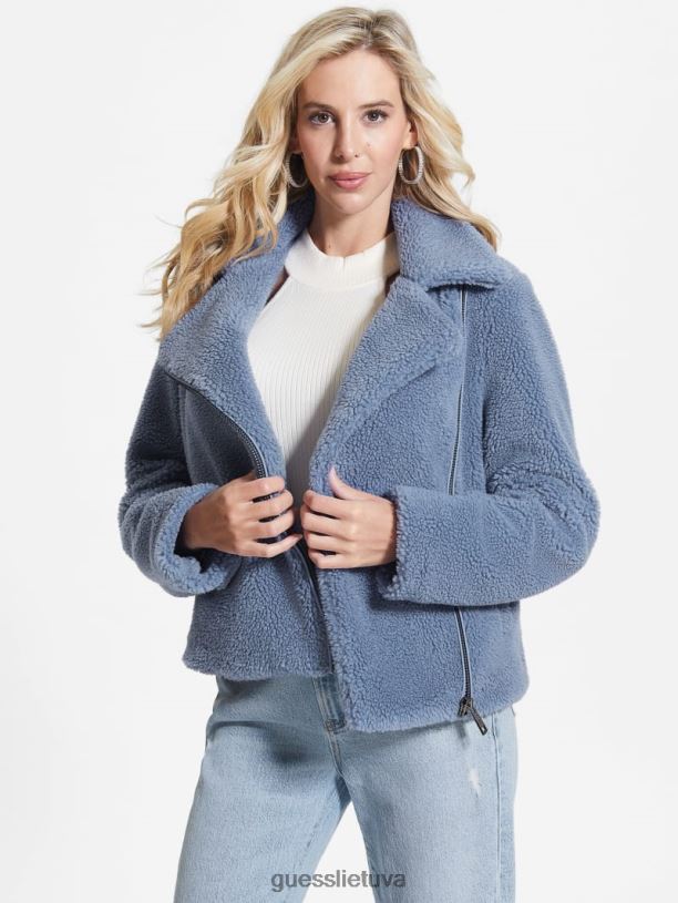 moterys GUESS 6NLN1943 drabužiai plieno mėlyna Daria faux-sherpa moto striukė