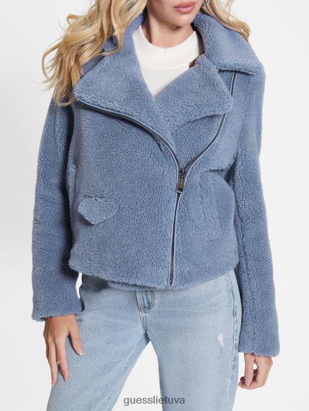 moterys GUESS 6NLN1943 drabužiai plieno mėlyna Daria faux-sherpa moto striukė