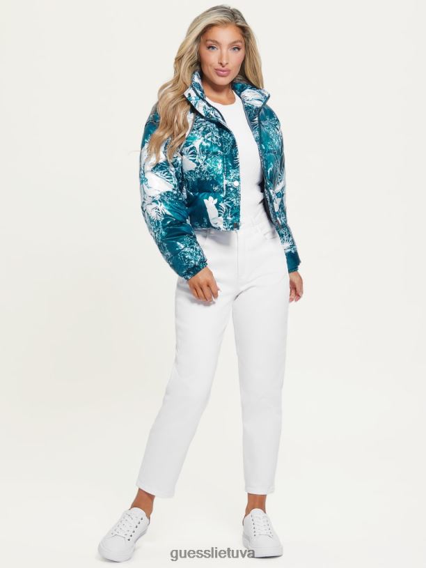 moterys GUESS 6NLN1952 drabužiai kaimiško sodo žalsvai mėlynos spalvos raštas gabi apkarpyta pūkuota striukė