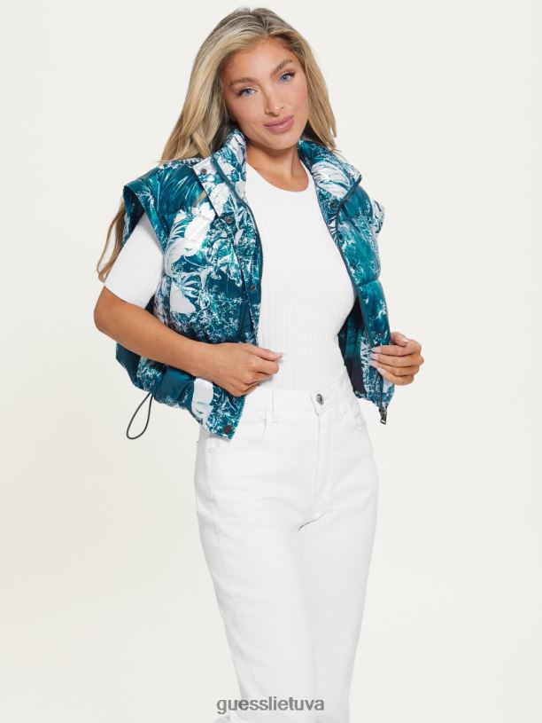 moterys GUESS 6NLN1952 drabužiai kaimiško sodo žalsvai mėlynos spalvos raštas gabi apkarpyta pūkuota striukė