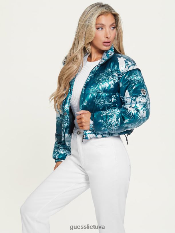 moterys GUESS 6NLN1952 drabužiai kaimiško sodo žalsvai mėlynos spalvos raštas gabi apkarpyta pūkuota striukė
