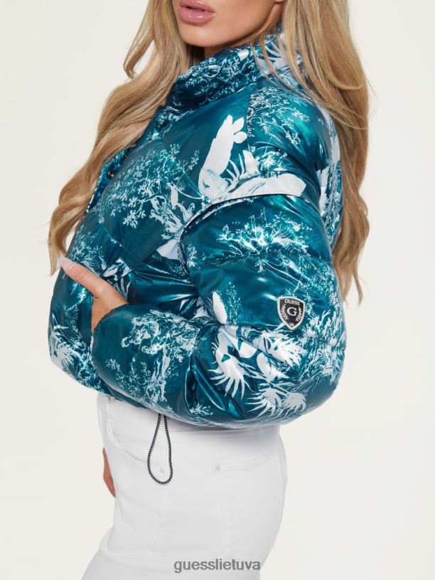 moterys GUESS 6NLN1952 drabužiai kaimiško sodo žalsvai mėlynos spalvos raštas gabi apkarpyta pūkuota striukė