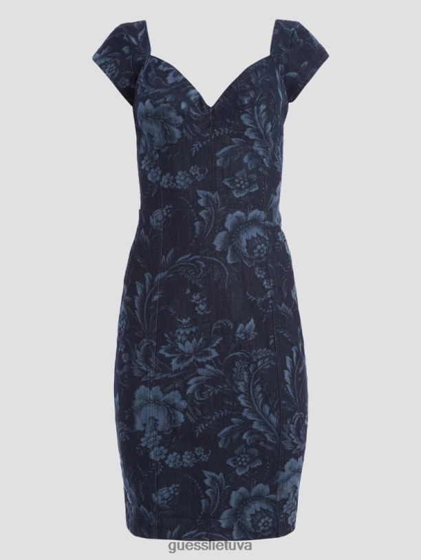 moterys GUESS 6NLN292 drabužiai laukinių gėlių lazerinis spaudinys ekologinė adie džinsinė suknelė