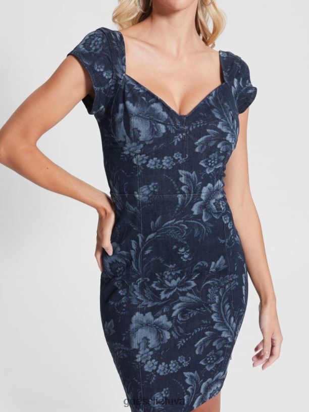moterys GUESS 6NLN292 drabužiai laukinių gėlių lazerinis spaudinys ekologinė adie džinsinė suknelė