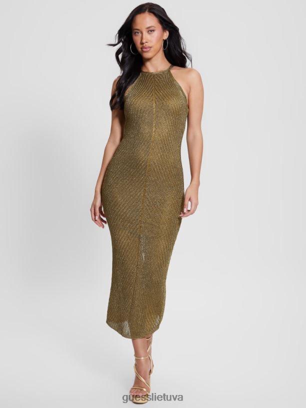 moterys GUESS 6NLN370 drabužiai juodo aukso multi alexie lurex halter maxi suknelė