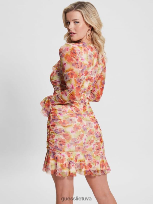 moterys GUESS 6NLN377 drabužiai akvarelės žydėjimas ekologinė rožinė suknelė su raukiniais