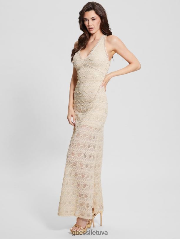 moterys GUESS 6NLN392 drabužiai perlinė austrė Liza nėriniuota maxi suknelė