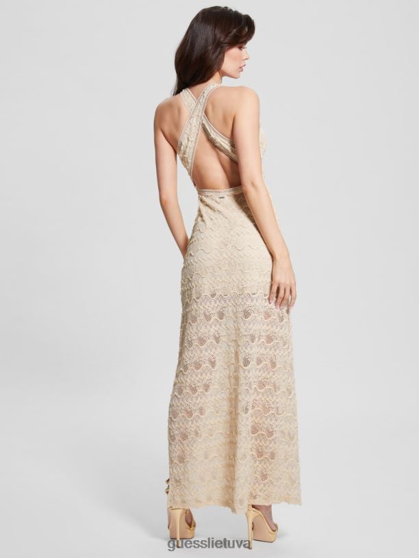 moterys GUESS 6NLN392 drabužiai perlinė austrė Liza nėriniuota maxi suknelė