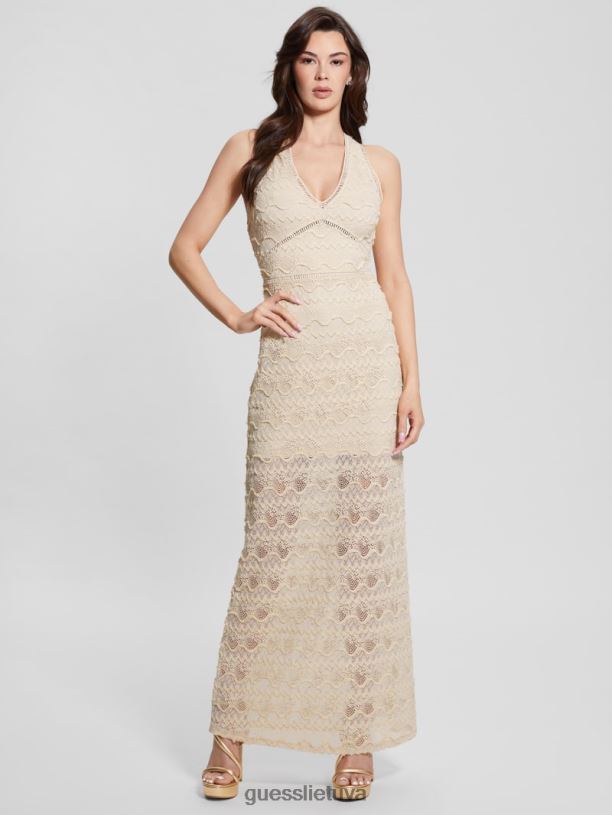 moterys GUESS 6NLN392 drabužiai perlinė austrė Liza nėriniuota maxi suknelė