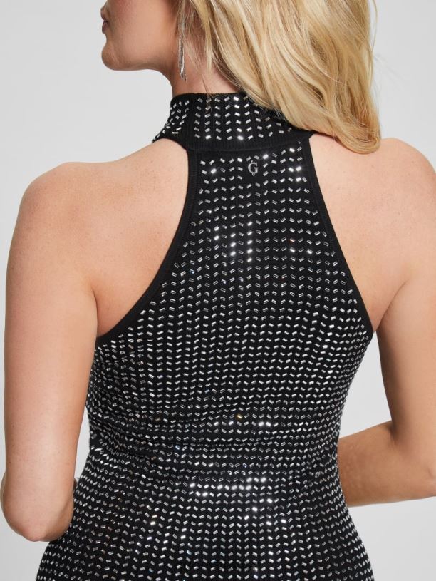 moterys GUESS 6NLN479 drabužiai juodas celeste veidrodinė megztinė suknelė