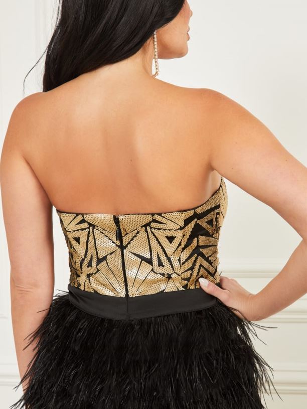 moterys GUESS 6NLN621 drabužiai juodas Bronwyn plunksnų suknelė