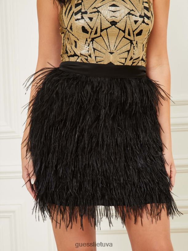 moterys GUESS 6NLN621 drabužiai juodas Bronwyn plunksnų suknelė