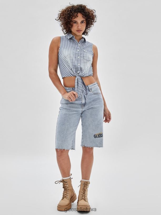 moterys GUESS 6NLN1264 drabužiai naktinio dangaus mėlyna multi originalus gingham kaklaraištis viršus