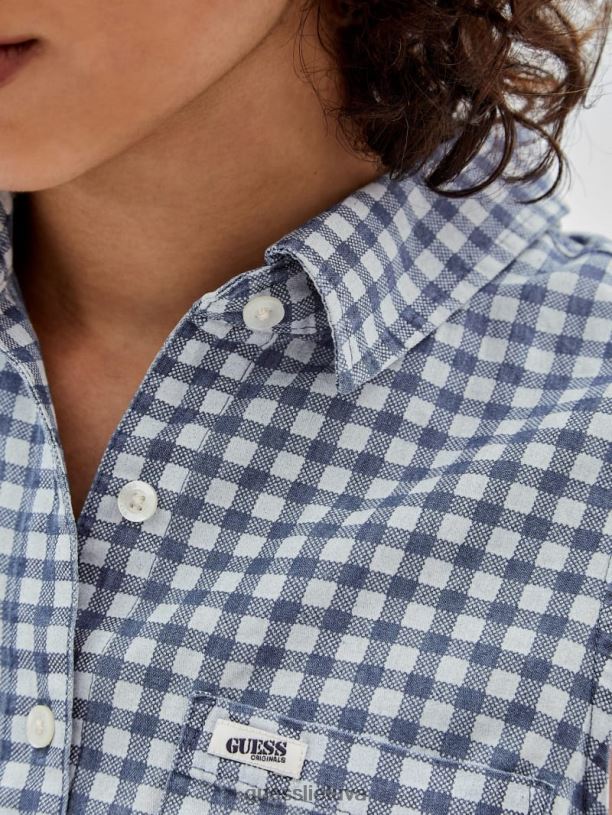 moterys GUESS 6NLN1264 drabužiai naktinio dangaus mėlyna multi originalus gingham kaklaraištis viršus