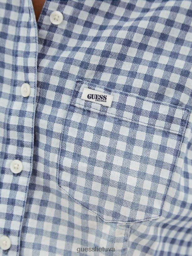 moterys GUESS 6NLN1264 drabužiai naktinio dangaus mėlyna multi originalus gingham kaklaraištis viršus