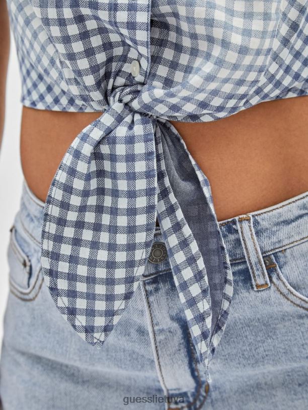 moterys GUESS 6NLN1264 drabužiai naktinio dangaus mėlyna multi originalus gingham kaklaraištis viršus