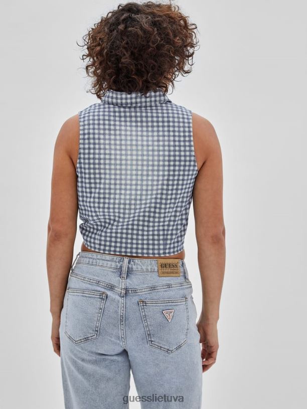 moterys GUESS 6NLN1264 drabužiai naktinio dangaus mėlyna multi originalus gingham kaklaraištis viršus