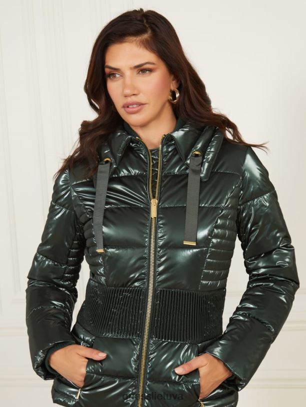 moterys GUESS 6NLN1871 drabužiai šenilinė žalia annie puffer striukė