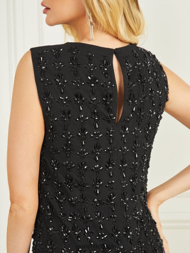 moterys GUESS 6NLN649 drabužiai juodas multi džinsinė suknelė su karoliukais