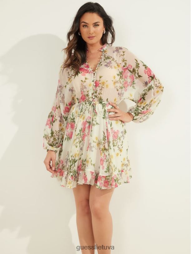 moterys GUESS 6NLN721 drabužiai žiedlapio poza balta žiedlapių poza šilkinė suknelė