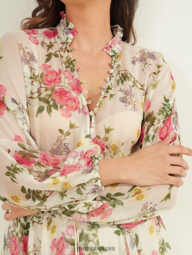 moterys GUESS 6NLN721 drabužiai žiedlapio poza balta žiedlapių poza šilkinė suknelė