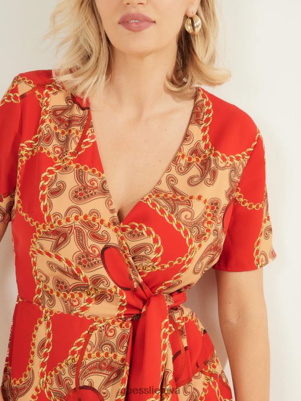 moterys GUESS 6NLN886 drabužiai paisley grandinėlė raudona Paisley grandininė suknelė