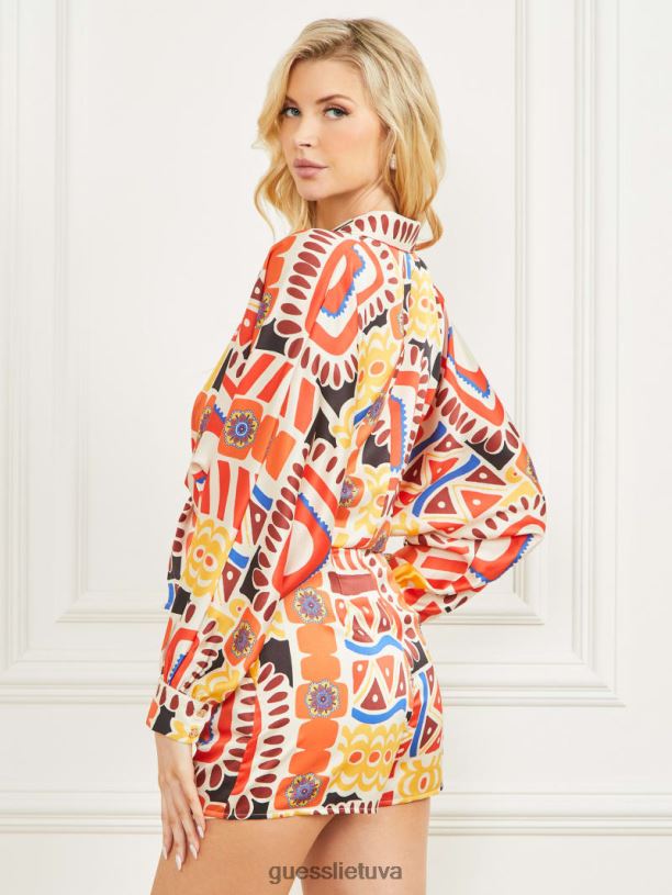 moterys GUESS 6NLN1022 drabužiai karnavalinis spaudinys karnavalu margintas atlasinis viršus