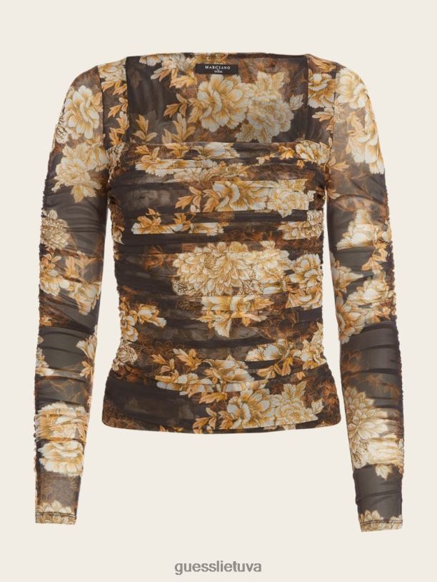 moterys GUESS 6NLN1467 drabužiai po tamsaus gėlių rašto po tamsaus tinklinio viršaus