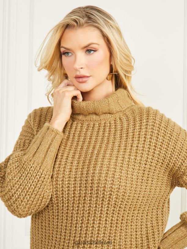 moterys GUESS 6NLN1575 drabužiai sidro aukso multi žada vilnos mišinio megztinį