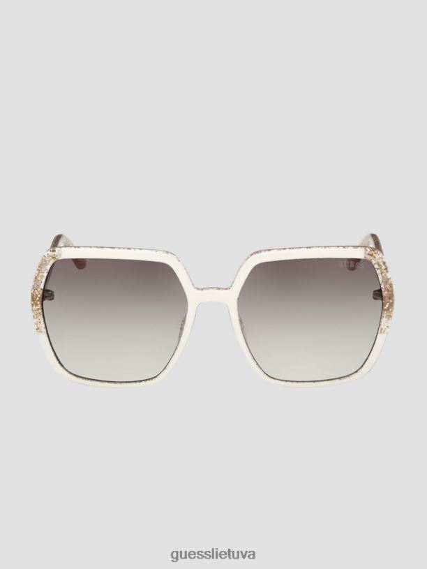 moterys GUESS 6NLN3728 priedas baltas blizgantys kvadratiniai plastikiniai akiniai nuo saulės