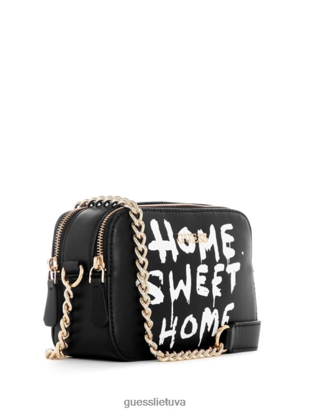 moterys GUESS 6NLN2925 krepšiai juodas gėlių raštas grafiti meno fotoaparato krepšys