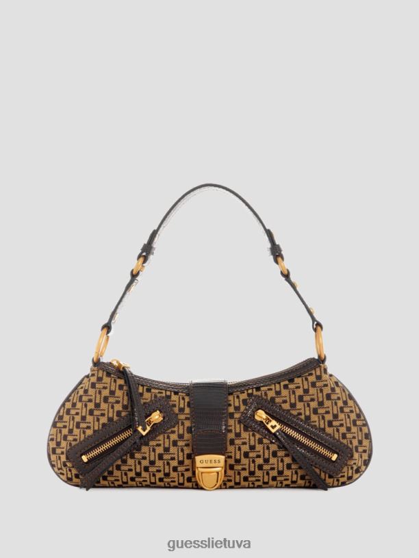 moterys GUESS 6NLN3041 krepšiai rudas multi belle vintage rankinė su užtrauktuku