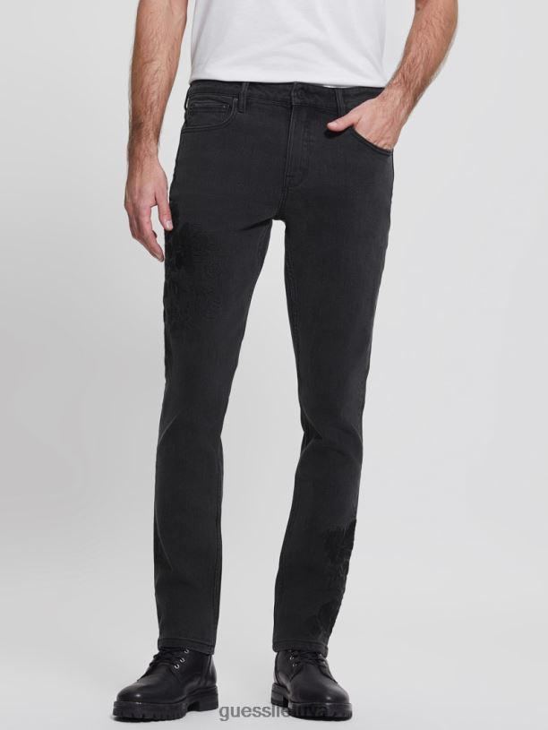 vyrų GUESS 6NLN4173 drabužiai juodos spalvos gėlių siuvinėti siaurėjantys džinsai