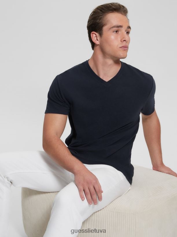 vyrų GUESS 6NLN4038 drabužiai protingas mėlynas multi Ekologiško lino mišinio marškinėliai V formos iškirpte
