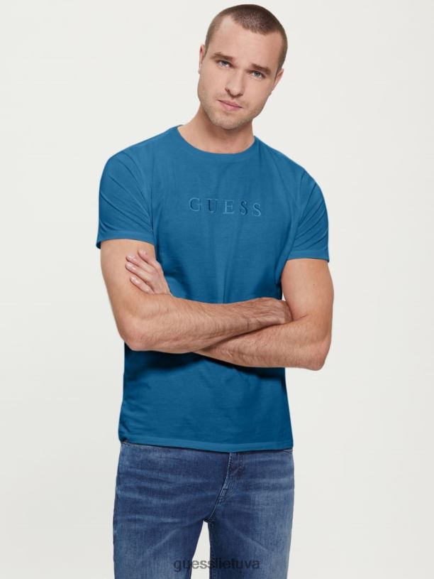 vyrų GUESS 6NLN4136 drabužiai vienoda mėlyna marškinėliai su išsiuvinėtu logotipu