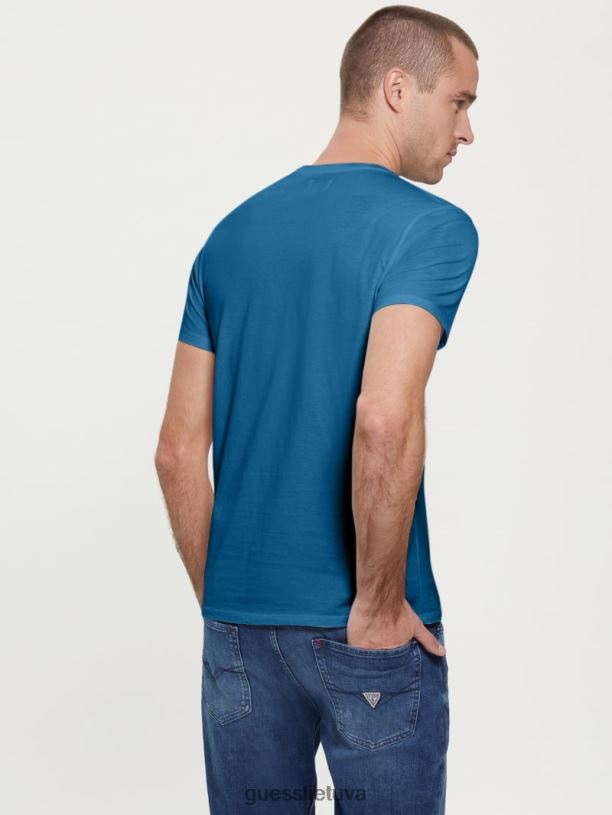 vyrų GUESS 6NLN4136 drabužiai vienoda mėlyna marškinėliai su išsiuvinėtu logotipu