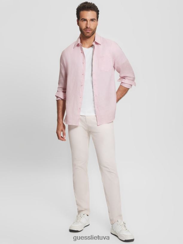 vyrų GUESS 6NLN4045 drabužiai erdvus rožinis eko salos lininiai marškiniai