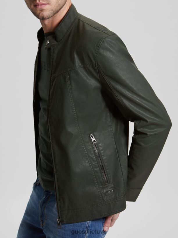 vyrų GUESS 6NLN4158 drabužiai džiunglių žalumynai vintažinė dirbtinės odos moto striukė